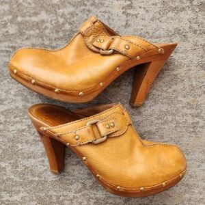 ANTONIO MELANI Tan Leather Studded Clog Mules